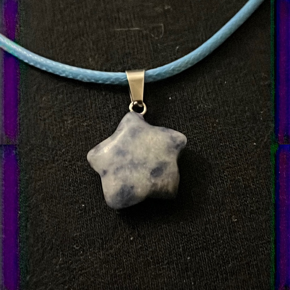 Hand Crafted Blue Spot Jasper Star Corded Medallion Necklace Gemstone Handmade
